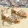 Fashion Elegant Golden Ankle Strap Sandals Women 2025 Open Toe Med Heels Summer Party Shoes Ladies Plus Size 35-43 Cross Band Sandalias