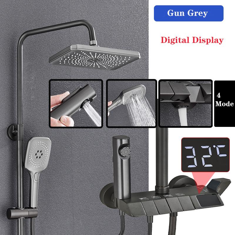Grey Piano Digital Shower Set Intelligent Brass Bathroom Faucets Hot Cold Waterfall Tap Rainfall Gray Shower System Chuveiro