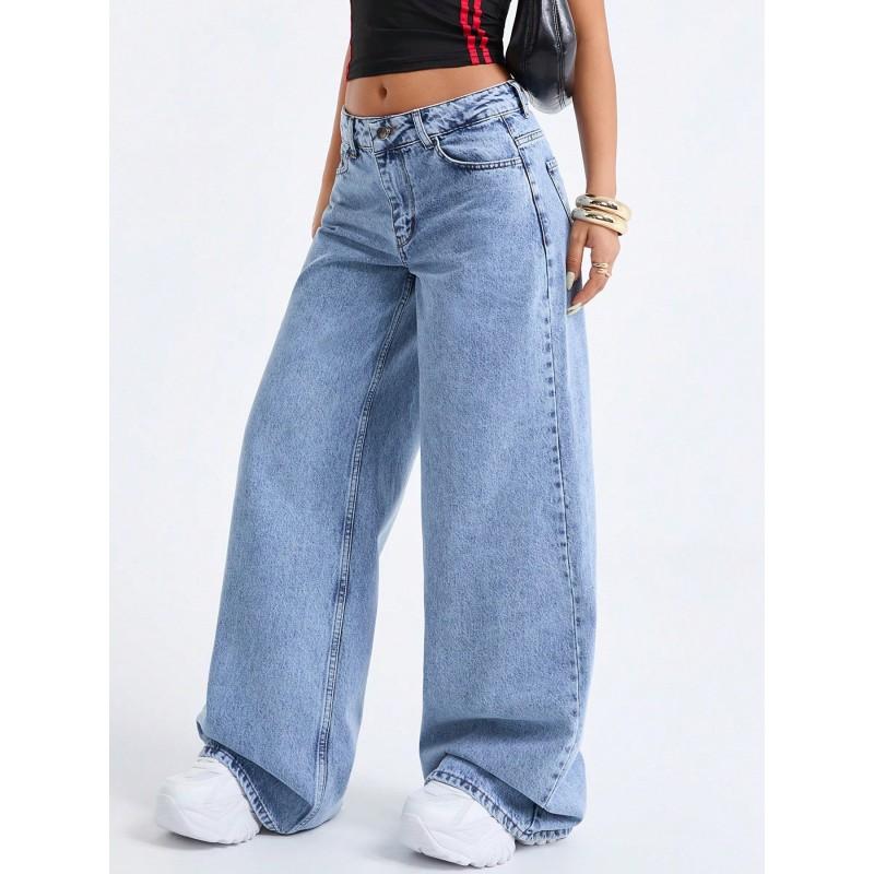 High-Waisted Wide-Leg Straight Cut Denim Jeans 2026 Loose Fit Dragging Hem Slimming Style