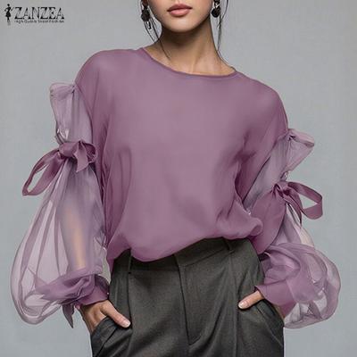 Women Casual Round Neck Mesh Splice Long Sleeve Blouse