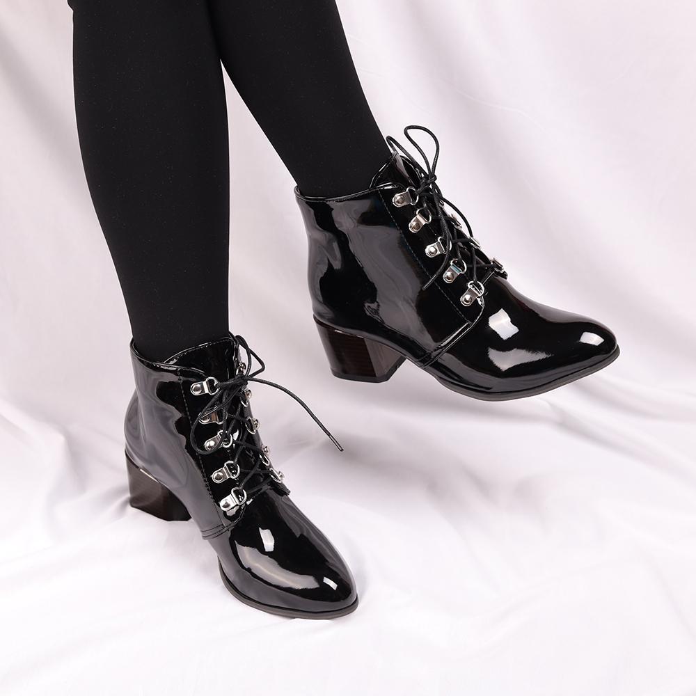 Fashion Spring Autumn New Arrival Fashion Shoes Women Boots Lace-up Patent Leather Ankle Boots Pointed Tick Heels Platform Boots Punk 43