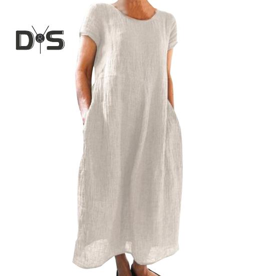 

Летнее платье макси с боковыми карманами, круглым вырезом, короткими рукавами, свободное однотонное платье длиной до щиколотки в стиле ретро для повседневной носки, свиданий, путешествий L белый