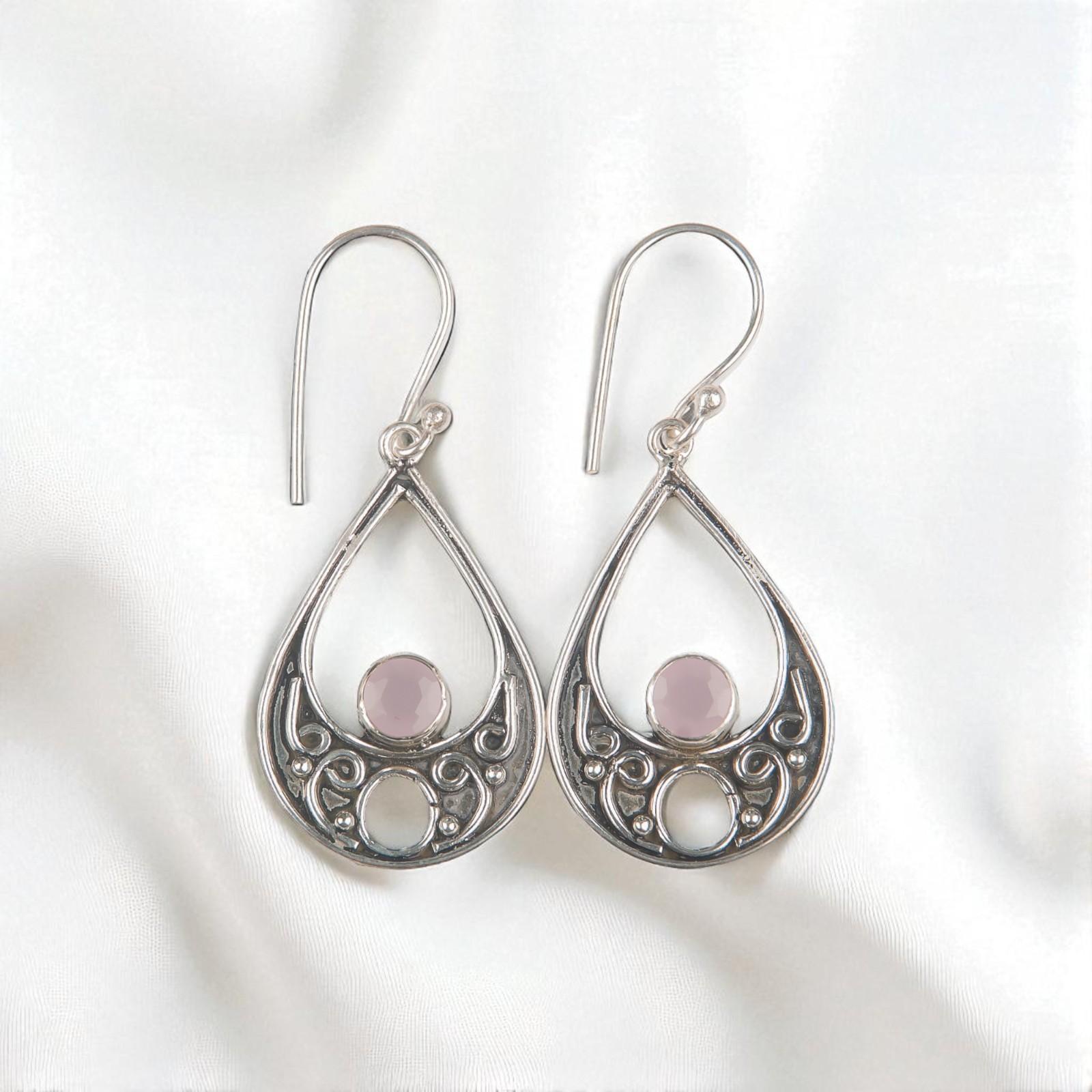 

Rose Chalcedony Gemstone 925 Sterling Silver Handmade Jewelry Hook Earrings1.91 EE-90-13