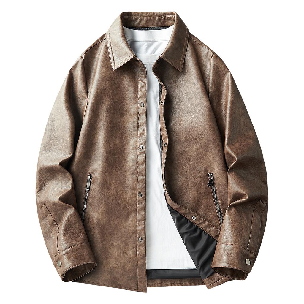 Retro old locomotive leather jacket men's short spring and autumn American casual flying pu jacket deerskin velvet jacket