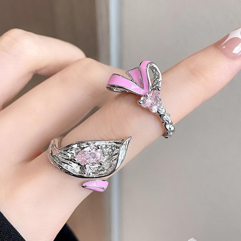 Bow Pink Water Drop Opening Ring Personality Light Luxury High Sense Fashion Trend Temperament Ring Elegant Jewelry