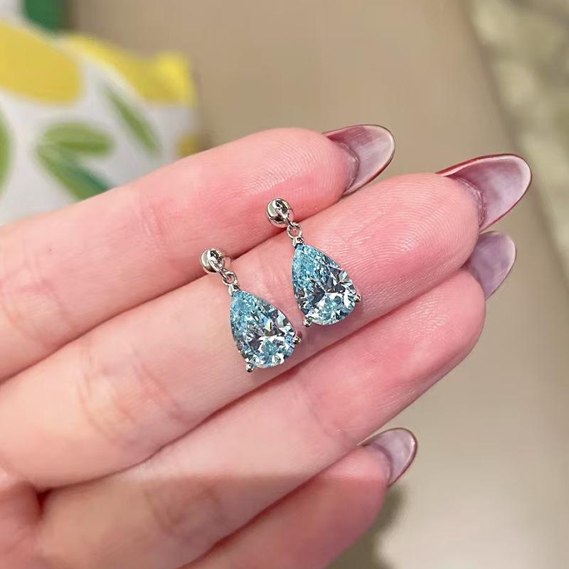 Hui Zhi Yi S925 Silver Teardrop Aquamarine 7x10mm Pear-Shaped Diamond Fashion Earrings for Women