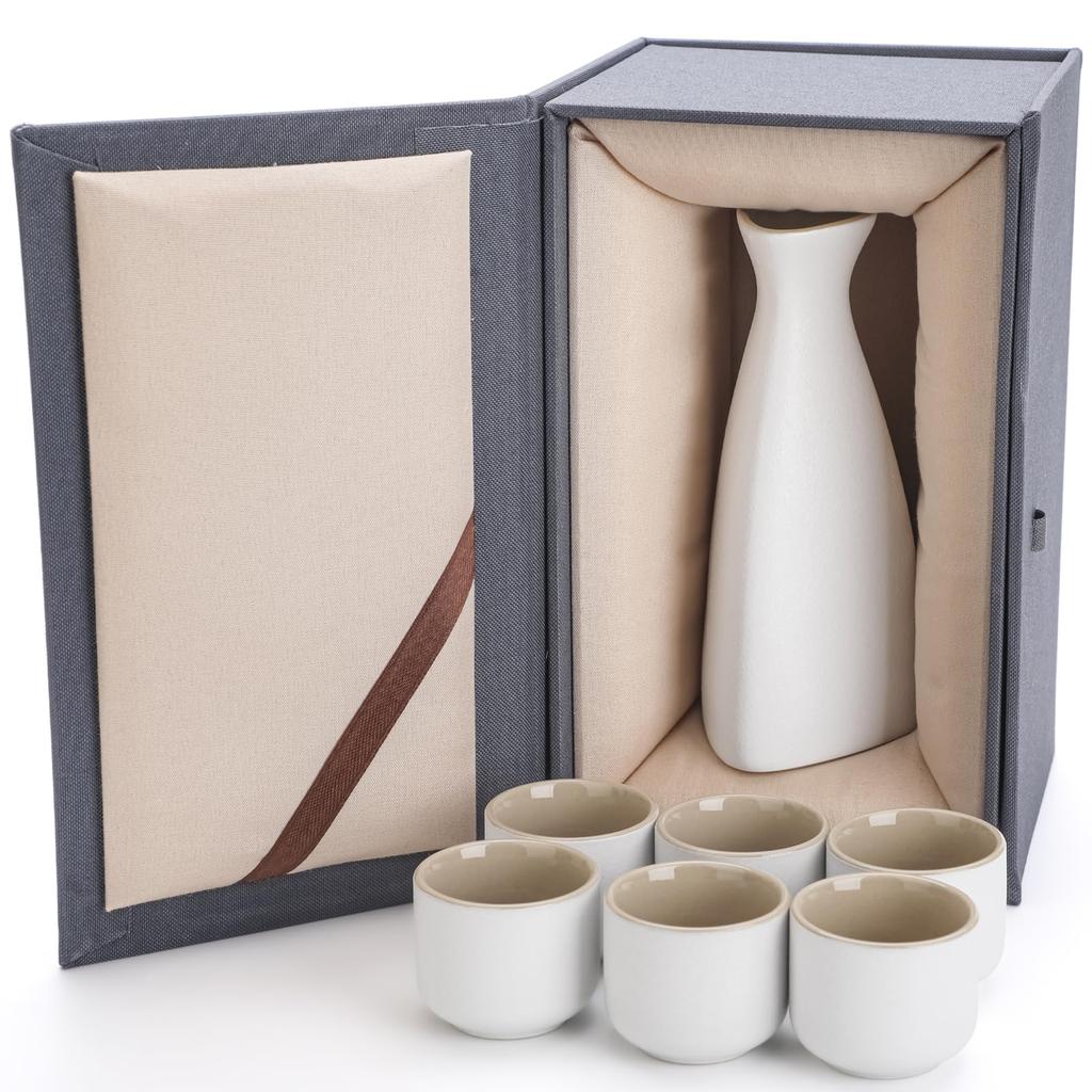 Ceramic Sake Carafe Set, Sake Set, Japanese Sake Set, Cold Sake Set, Traditional Ceramic, 150ml Carafe, 6 X 30ml Sake Cups, In a Brocade Box.