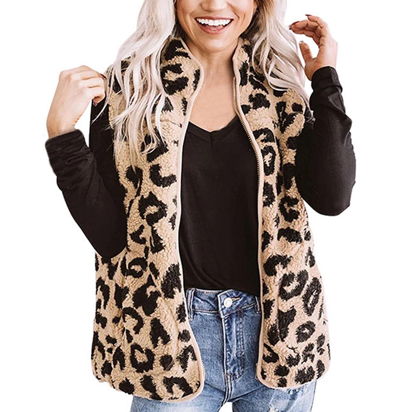 

Женский плюшевый теплый легкий жилет без рукавов на молнии с леопардовым карманом Топы M