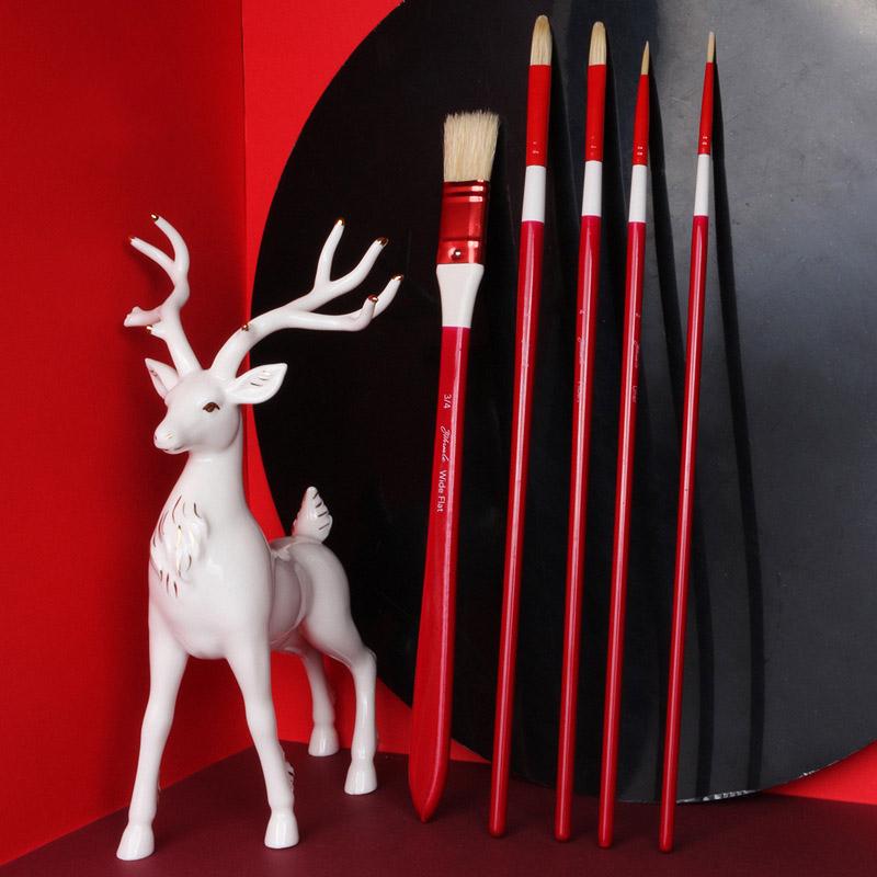 JOWOART 10 Pcs Multi-function Pig Bristle Red Long Birch Pole Paintbrush Fan-shaped Acrylic Oil Painting Gouache Brush Set Art Supplies
