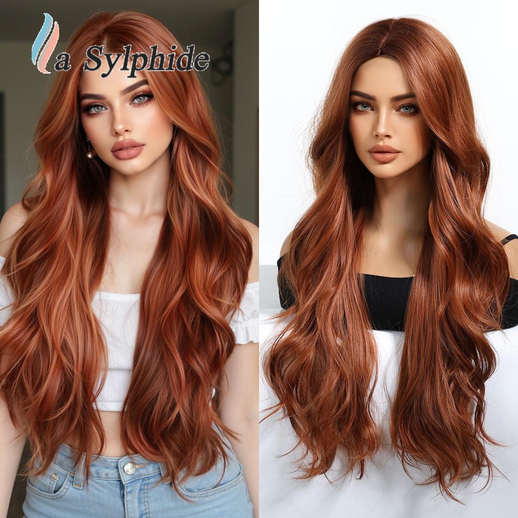 Women's Full Head Wig, Brown Gradient Middle Part Long Curly Synthetic Hair, Machine‑Made, Can Be Tied Into Bun