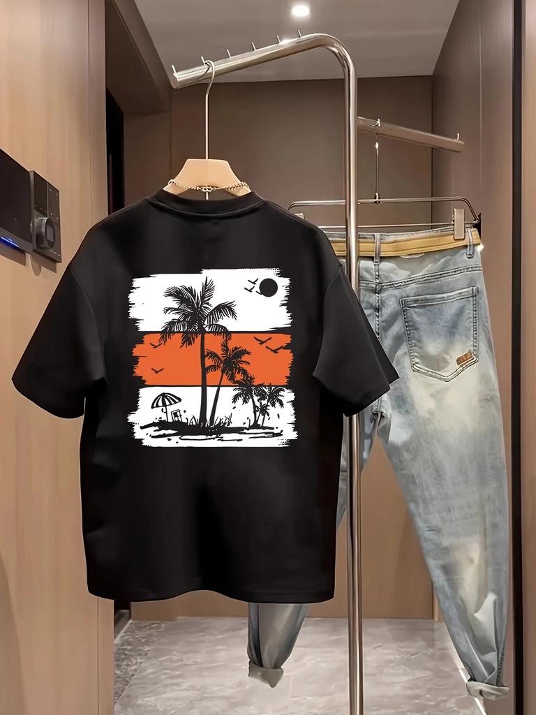 Vintage Distressed Tropical Beach Palm Tree Sunset Silhouette Graphic TShirt Summer Vacation Streetwear Cotton Unisex Tee