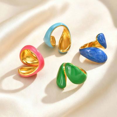 Stainless Steel Candy Color Multi-Color Enamel Ring, Blue/Pink/Green Irregular Open Rings for Women, Fashion Jewelry Gift