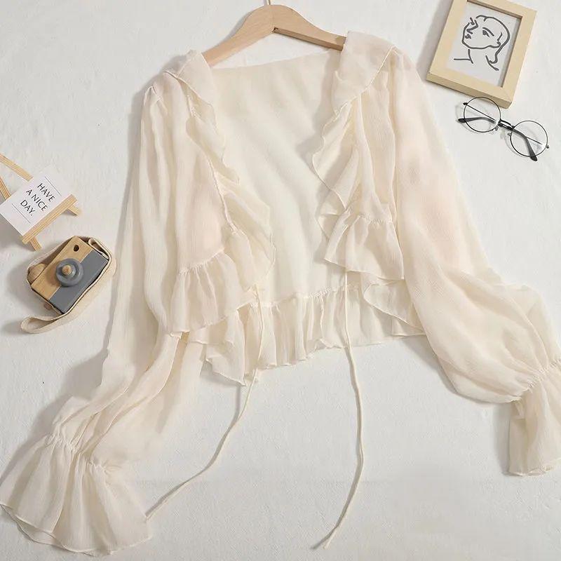 Women's Sun Protection Ruffle Tie Cardigan - Versatile Short Shawl for Summer 2024