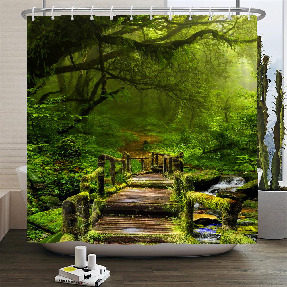 3D Shower Curtain Nature Forest Waterfall Landscape Bathroom Curtains Waterproof Fabric With Hooks Home Decoration Bath Curtain