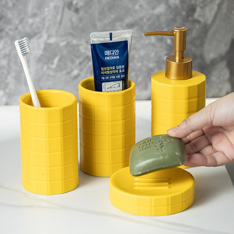 Modern Yellow Ceramic Toiletry Set Household Lotion Bottle Mouthwash Cup Soap Dish Bathroom Accessories Portable Soap Dispenser