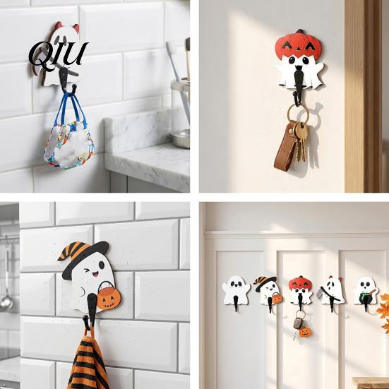 Punch Free Wall Storage Rack Halloween Themed Hook, Decorative Ghost Pattern Key Hanger, Self Small Bag Hanger for Bathroom Adhesive Backing Wood Base