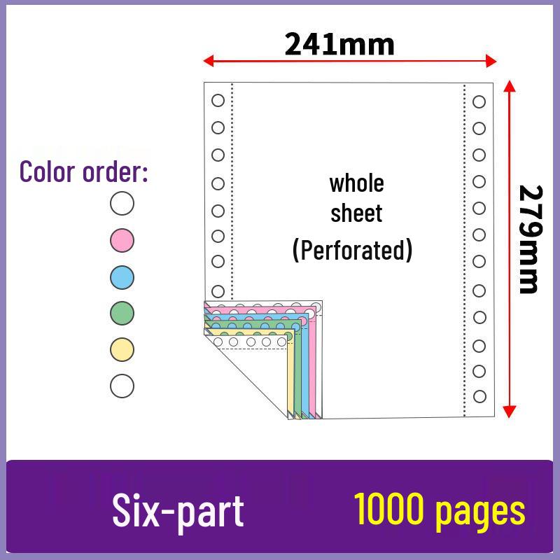 Three-part, two-fold pin-feed paper; two-part, three-fold accounting voucher paper; three-part, four-part printer form.