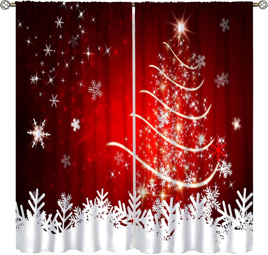 Christmas Window Curtain, Santa Claus Xmas Tree Snowflake Window Treatments for Bedroom Living Room New Year Party Home Decor