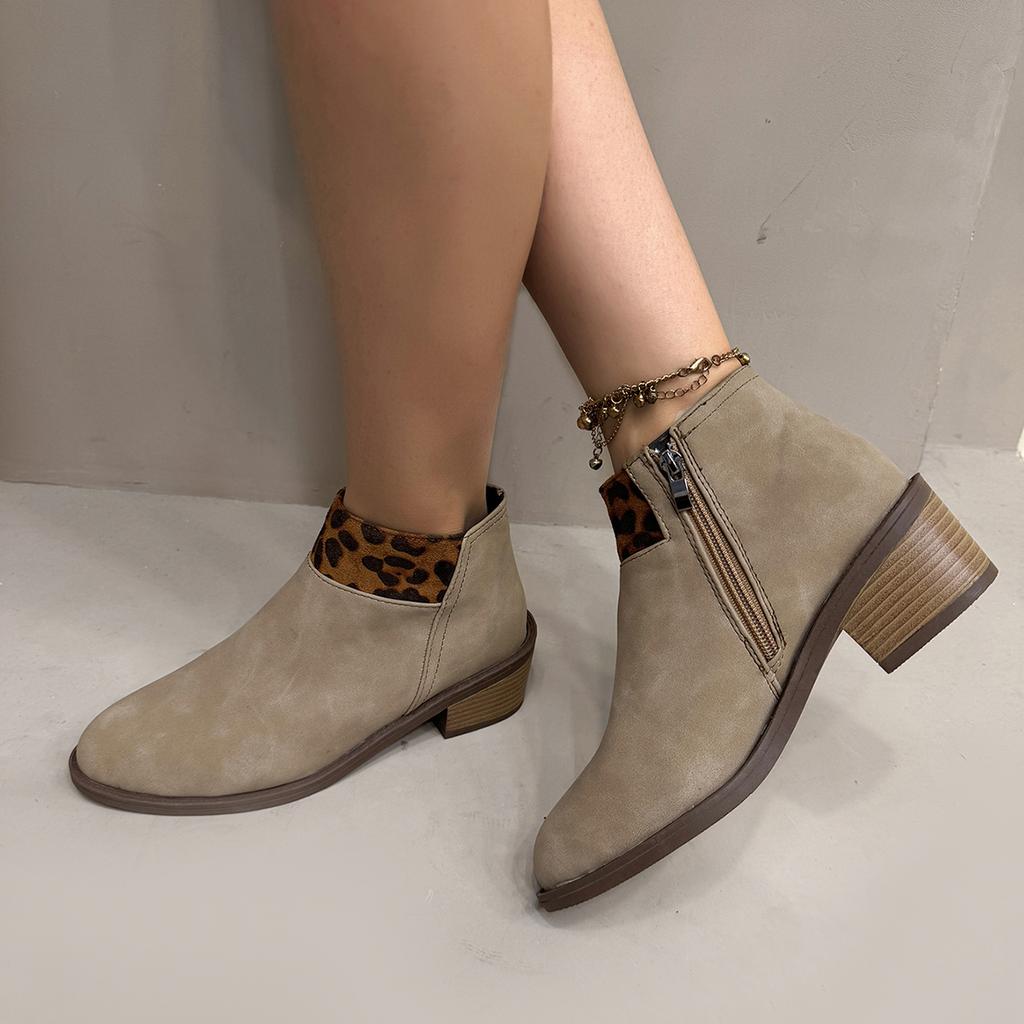 Spliced Side Zipper Chunky Heel Single Boots Fall/autumn New Round Toe Leopard Print Elegant Comfortable Boots for Women