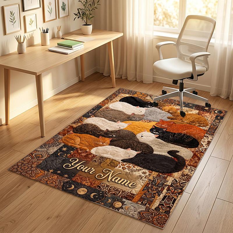 Cat Theme Crystal Velvet Rug Personalized Custom Name Text Soft Floor Mat Home Decor