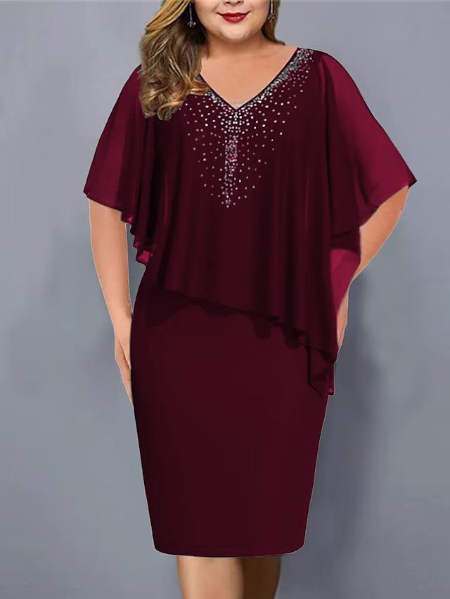 Elegant V-Neck Sleeveless Evening Dress with Sheer Cape, Women's Party Cocktail Dress In Black/Burgundy/Navy/Purple
