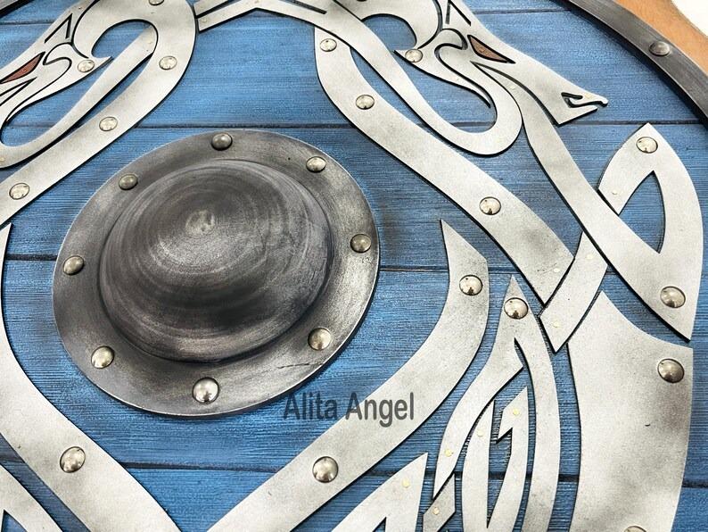 

Wooden Viking Shield: Jormungandr Sea Dragon, Battleworn Norse Decor синій