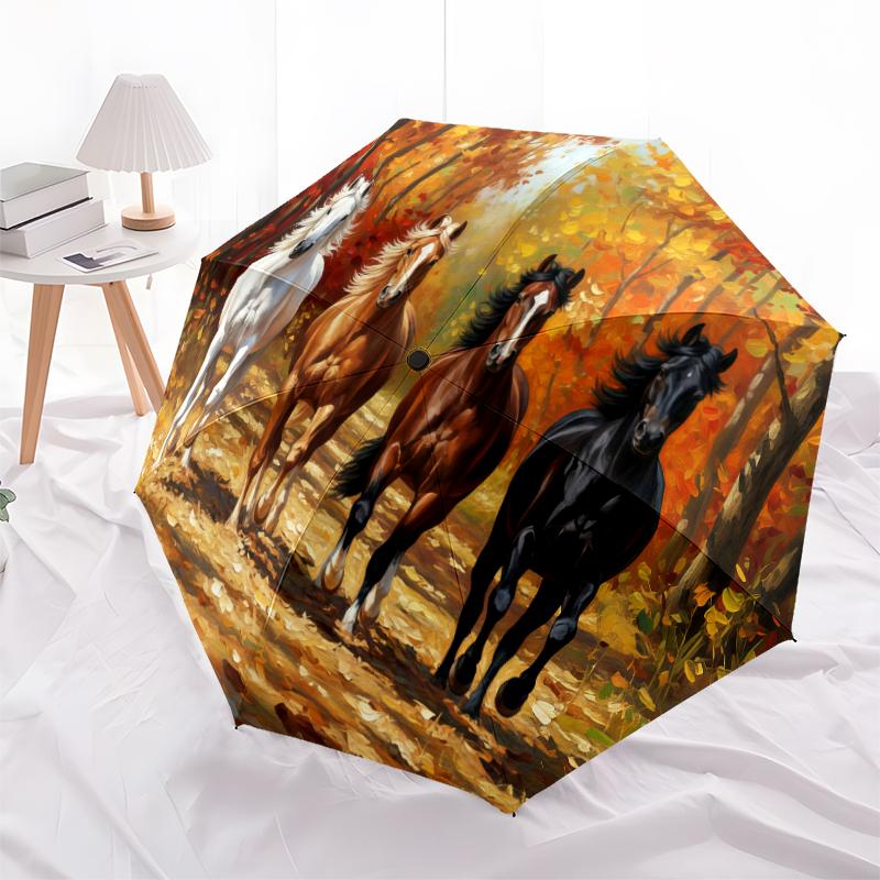 1 PC Automatic Folding Umbrella - Maple Leaves, Puppies, Horses, Kittens Pattern, Portable & Foldable Design with 8 Ribs, Christmas Birthday Gifts