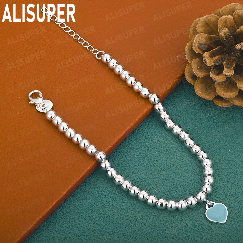 925 Sterling Silver 6mm Blue Heart Beaded Bracelet - Exquisite Gift Jewelry 20cm