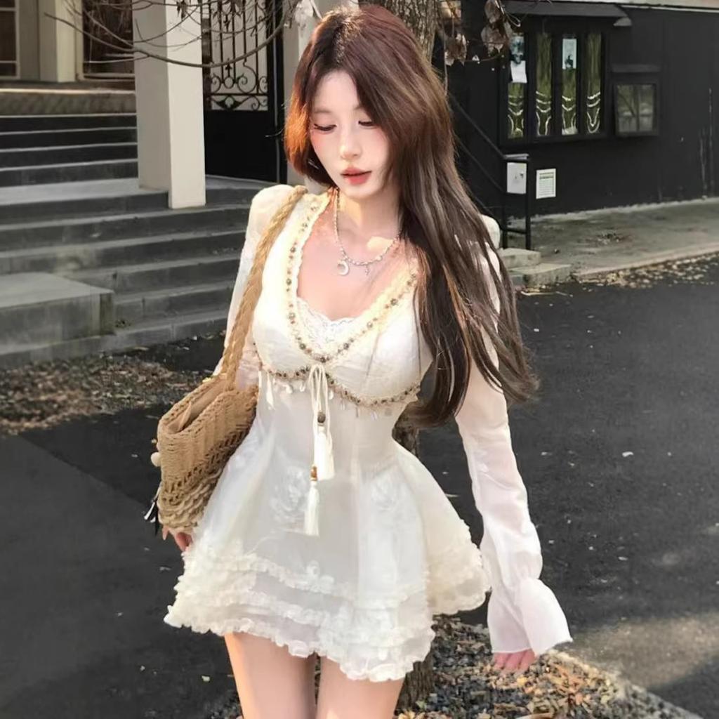 French first love short skirt spring waist thin design sense pure desire Spice girl wind webbing splicing white dress women