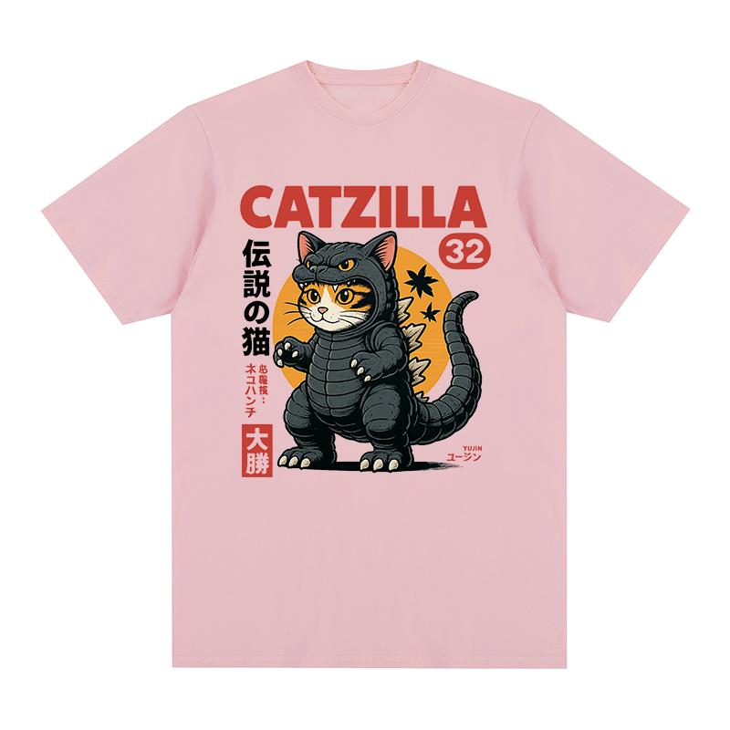 Catzilla Monster Vintage Tshirt Japanese Cat Soft Graphic Homme Casual Cotton Unisex Unisex T Shirt Summer New Fashion Streetwear
