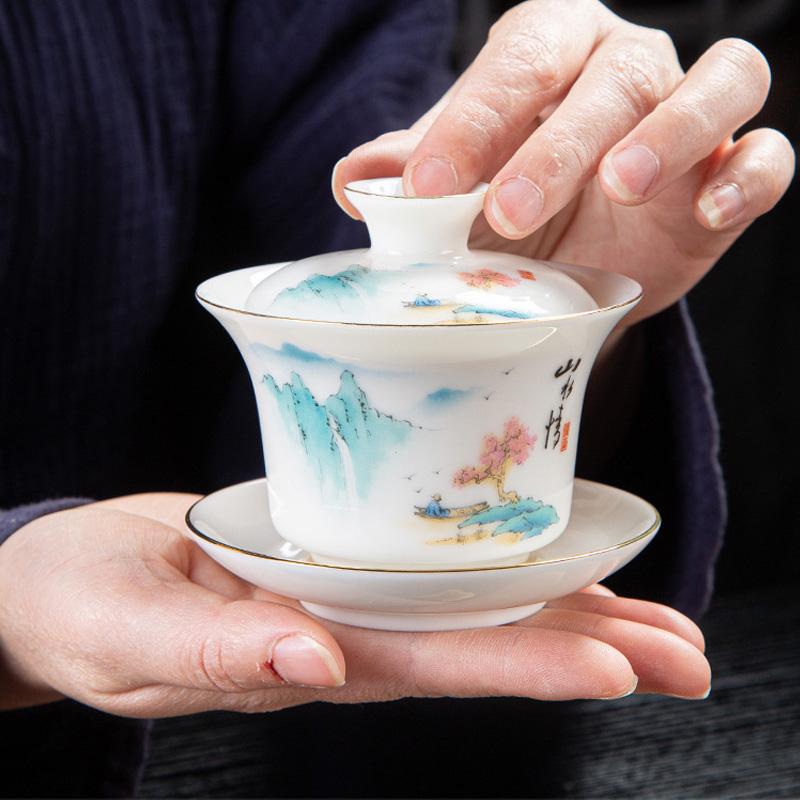 HMLOVE Mutton-fat Jade White Porcelain Sancai Gaiwan Color Enamel Cover Bowl Lid Saucer Handmade Tea Tureen Teaware Sets 160ML