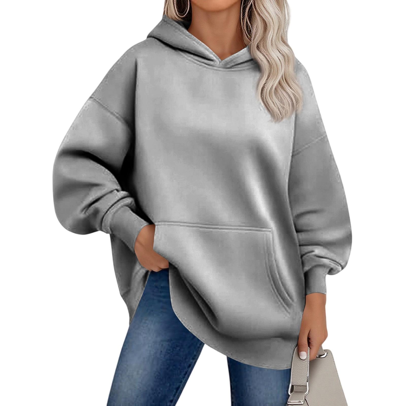 Женские худи оверсайз из флиса толстовки с длинным рукавом пуловеры с карманом XXL светло-серый 1590₽