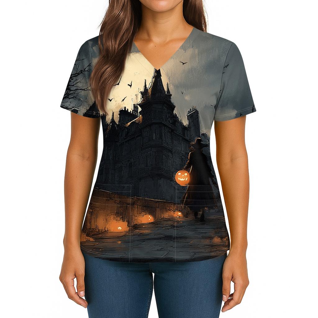 Dámský halloweenský potištěný top s výstřihem do V, dvojitou kapsou, krátkým rukávem a rozparkem na lemu, uniforma pro pečovatelky
