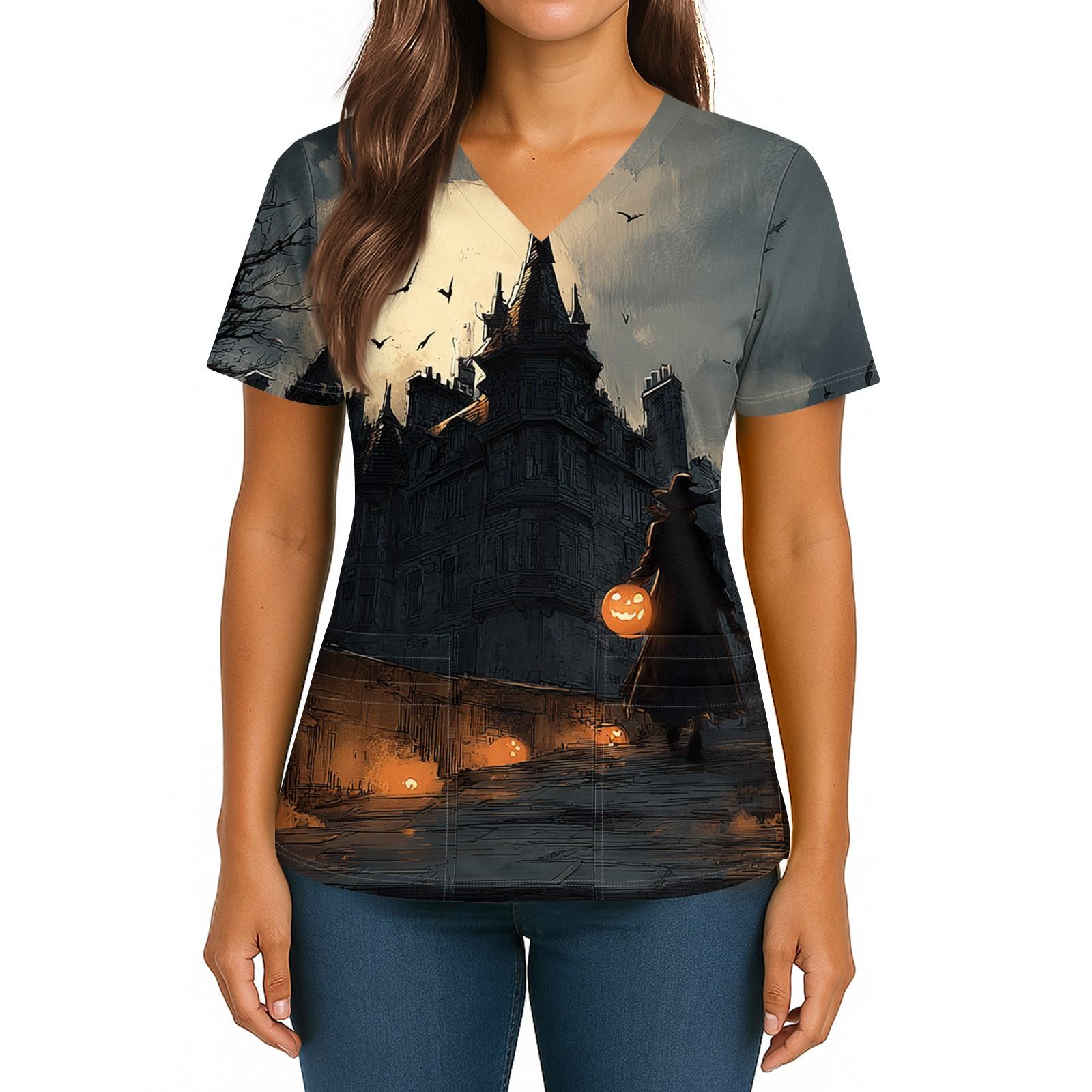 

Женский Хэллоуинский Принт V-образный вырез Двойной карман Короткий рукав Разрез по подолу Топ для униформы/сиделки XXXXL