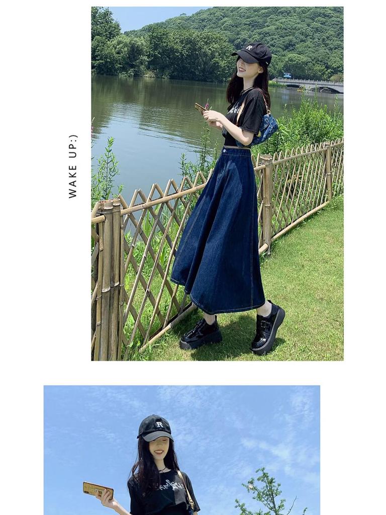 2025 Retro Elastic Waist A-line Denim Skirt - Slimming Mid-Length Design