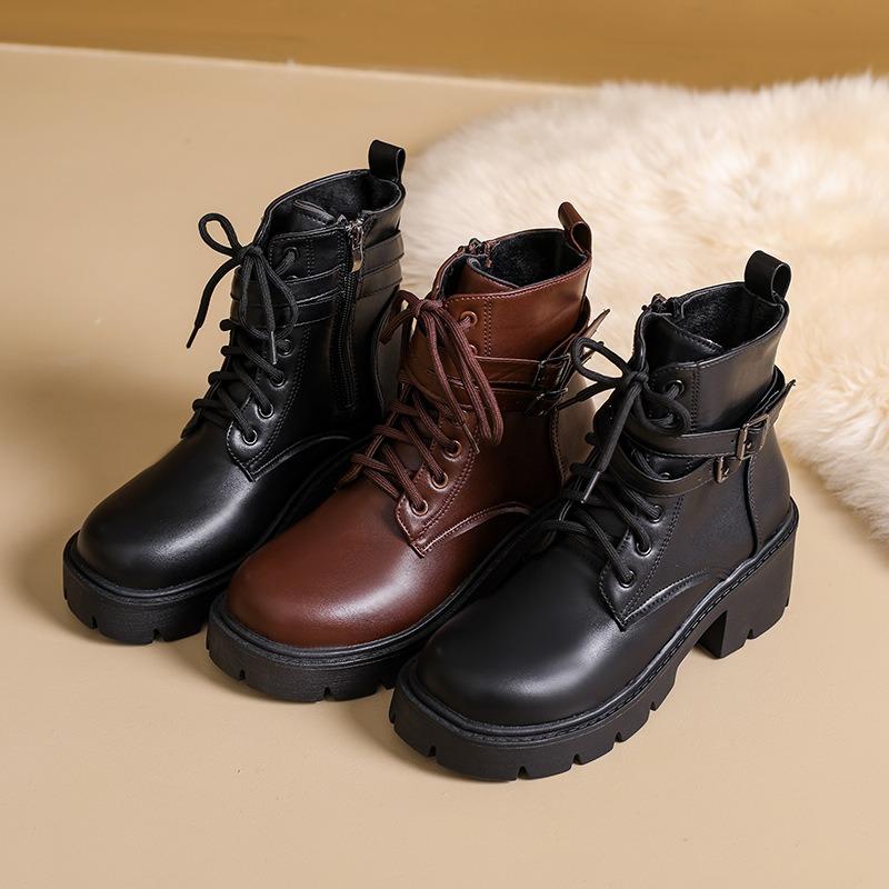 Vintage Platform Belt Buckle Mid-heeled Martin Boots 2025 Winter New Plus Size Thick-heeled British Style Boots for Women