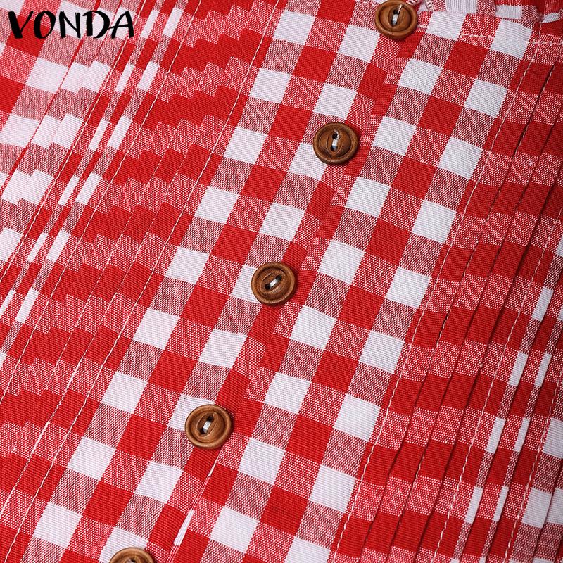 VONDA Women Sleeveless Ruffled Patchwork Plaid Casual Tank Tops Blouse