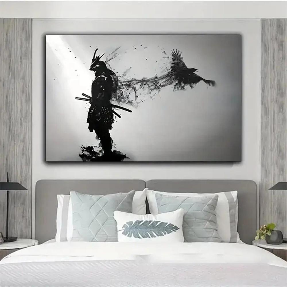 Black and White Japanese Black Samurai Man with Crow Posters and Print Wall Art Canvas Painting for Living Room Cuadros Decor 60 X 40 Cm