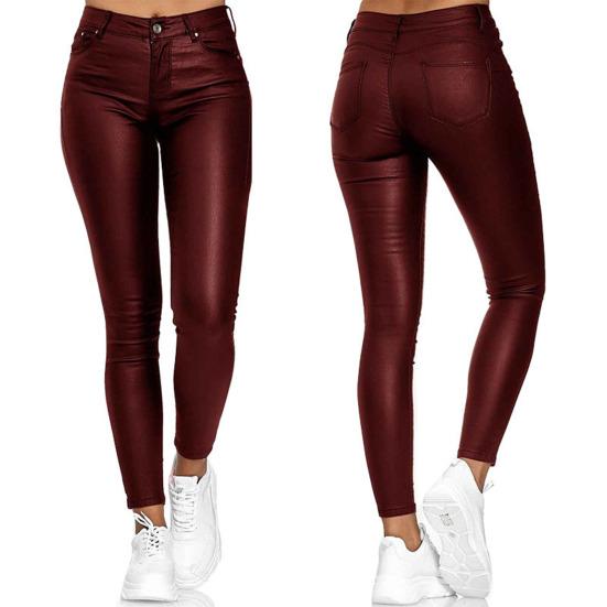 Women Pants Faux Leather Slim Casual Solid Color High Waist Elastic Small Feet Pants for Club