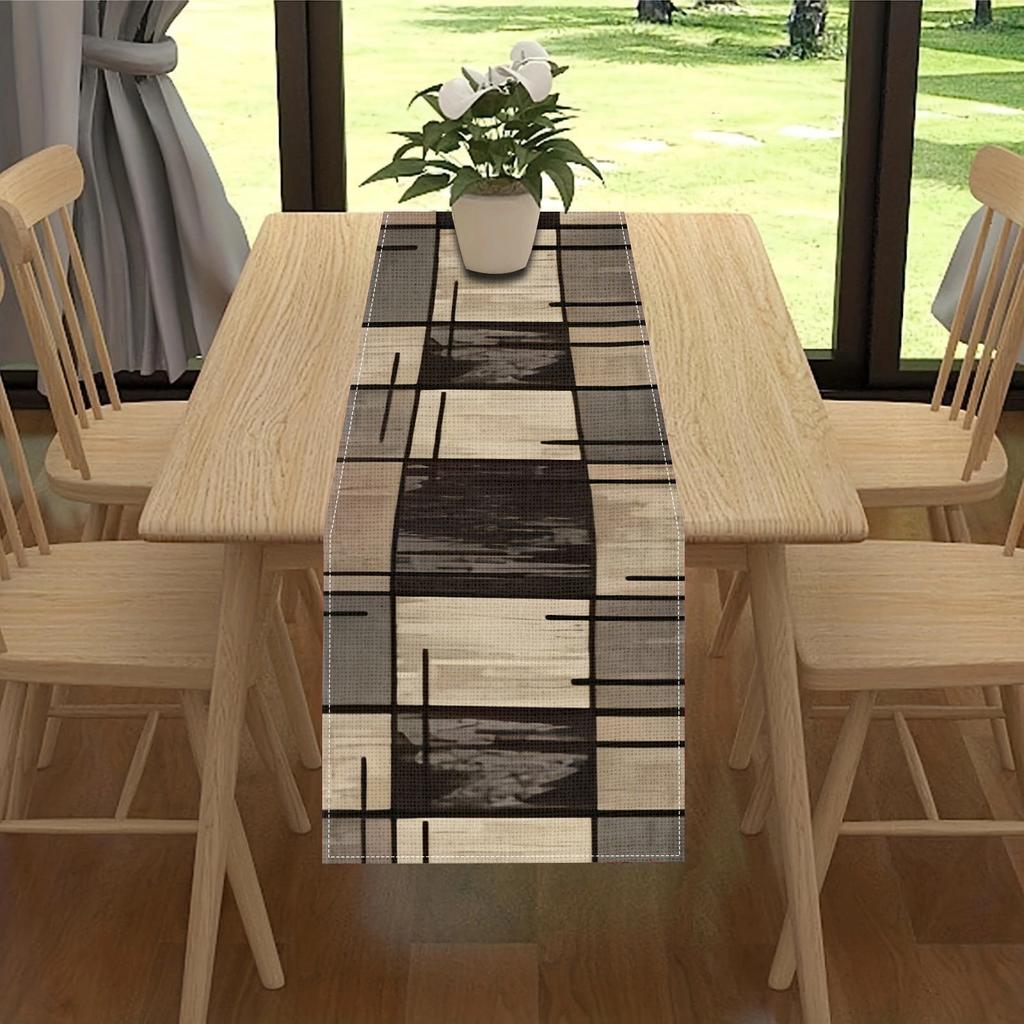Runner da Tavola Geometrico Moderno in Lino Marrone, Fasce per Cassettiera, Decorazioni per Tavolo, Cucina Rustica, Runner per Tavolo da Pranzo, Decorazioni per Feste