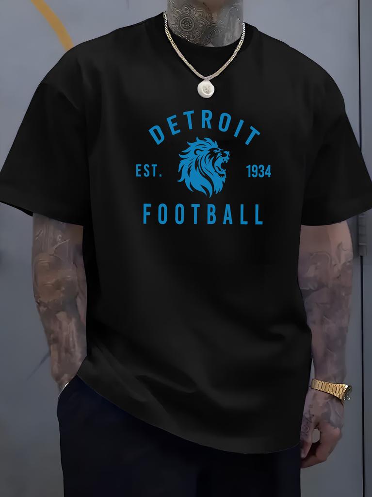 T-shirt Unisex Girocollo Stampa Lettere Football Detroit Lions Manica Corta Ampia Oversize Maschile Sportiva Casual Traspirante Base Top