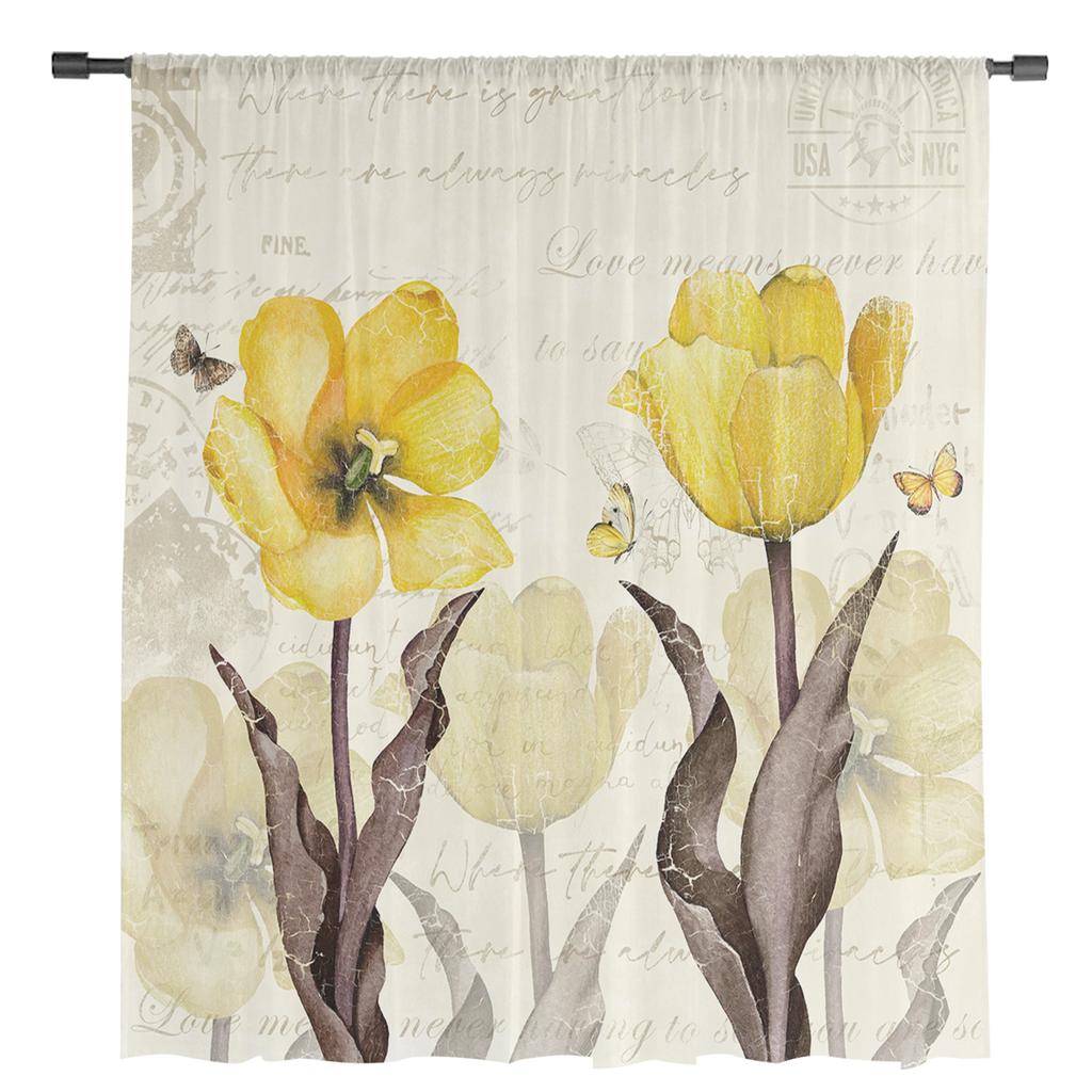 Vintage Flowers Butterflies Yellow Tulips Sheer Curtains for Living Room Decoration Window Curtains Kitchen Tulle Voile Curtains