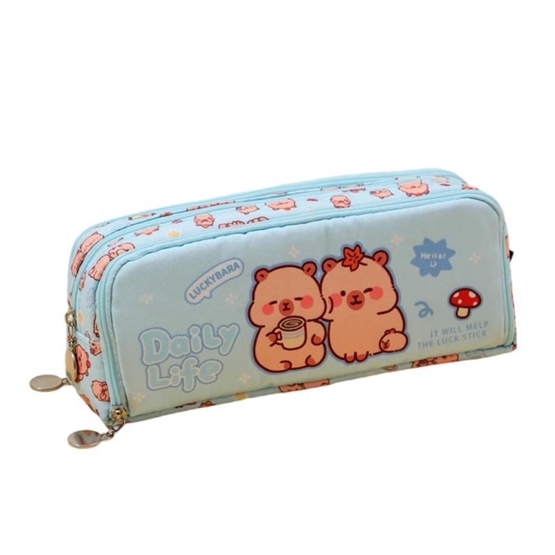 Cartoon Pencil Case Multi Compartments Canvas Pencils Bag Portable Pen Organiser Travel Cosmetic Bag for Student Women