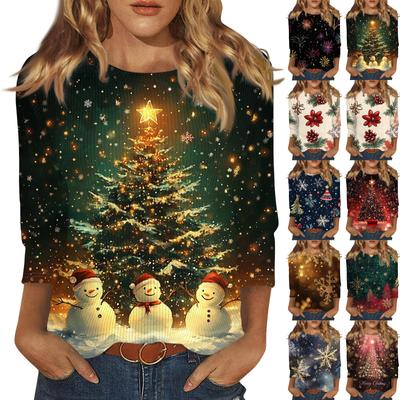 Women's Fashion Casual Round Neck Three Quarter Sleeve Christmas Printed T-Shirt Top