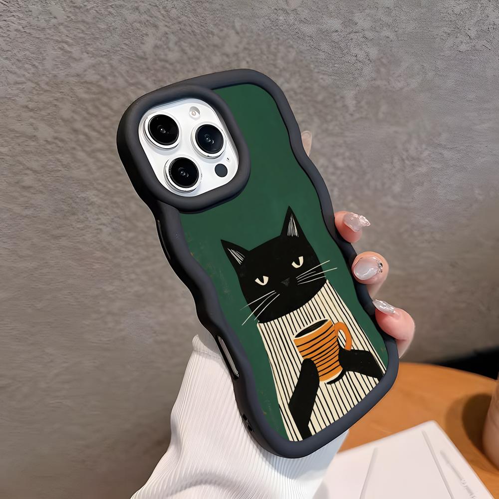 

Cute Coffee Cat Wavy Edge TPU Mobile Phone Case for iPhone 17 16 15 14 13 12 11 Air Pro Max Plus Colorful Cover iPhone 15 Pro Max