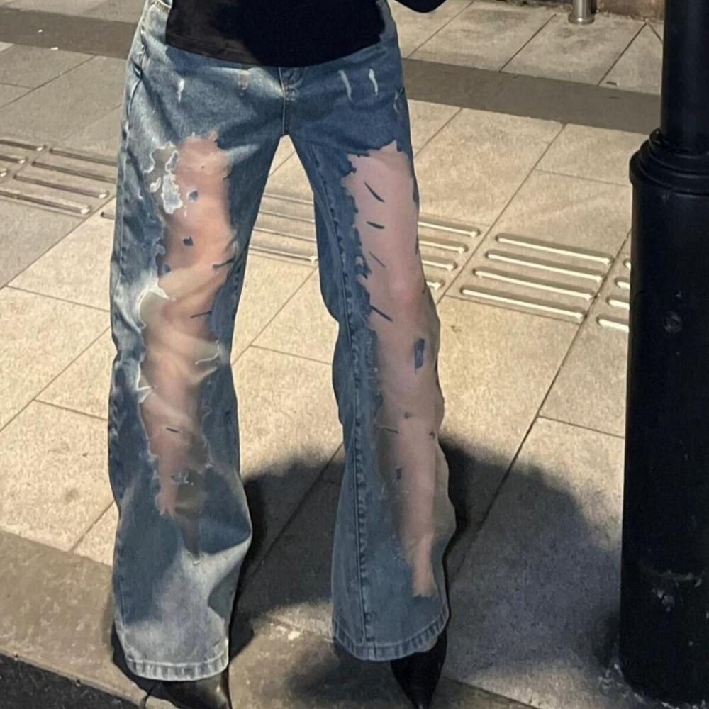 Straight Ripped Jeans Loose Baggy Pants Unique Casual Mesh Jeans  Women