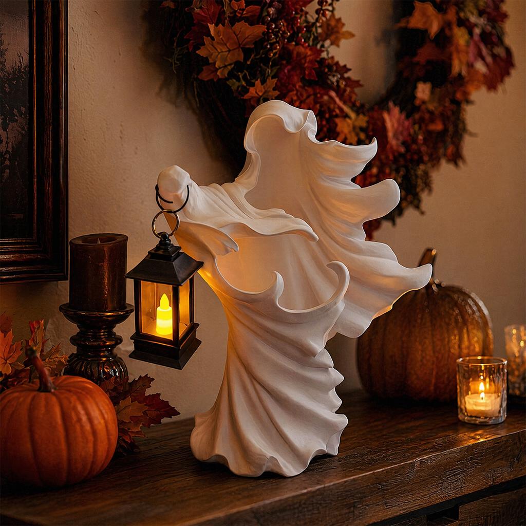 Resin Halloween Ghost Statue with Lantern Spooky Playful Halloween Decoration Faceless Ghost Sculpture Gift for Fireplace Mantel