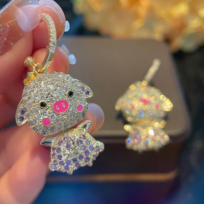 High-End Cute Piggy Full Of Zircon Earrings, Smart Animal Stud Earrings, Female Direct Sales.