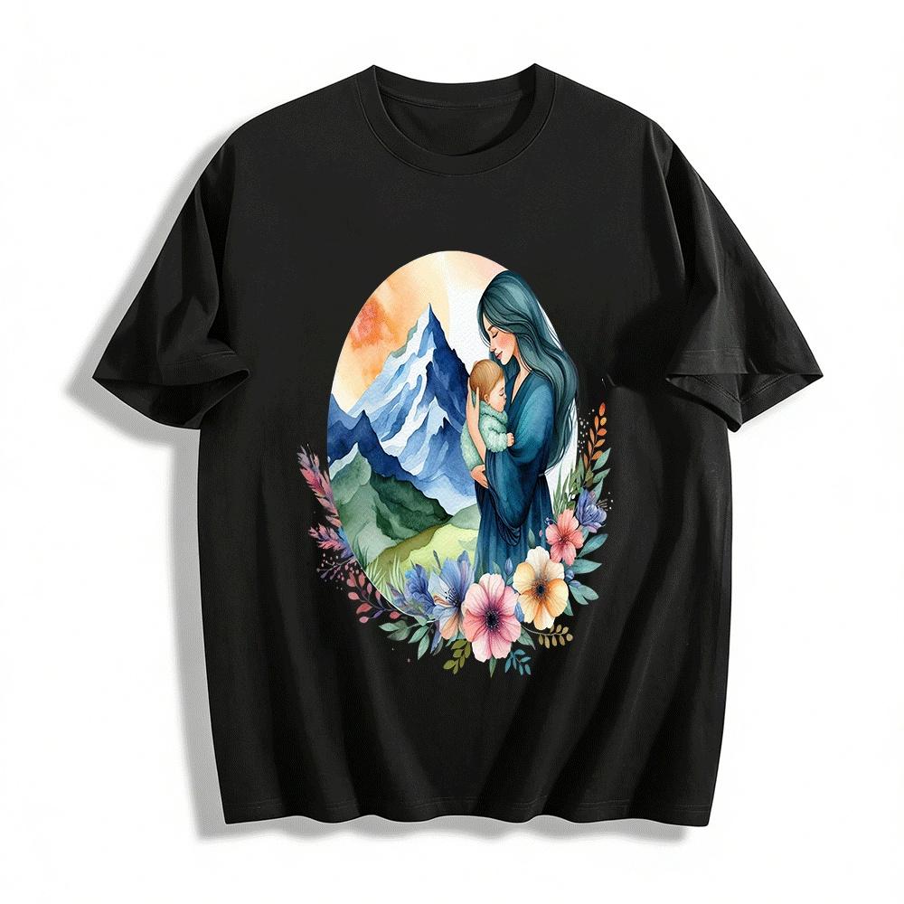 Watercolor Mountain Mom Baby Hug Print Casual Tee Pure cotton T-shirt XXS