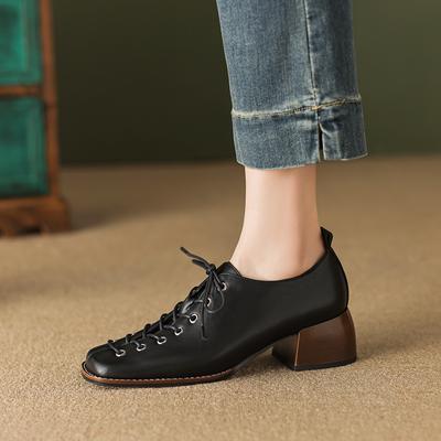 Fashion Fashion High Heel Square Toe Women Pumps Genuine Leather Concise Office Ladies Casual Lace-Up Shoes Woman 2025 Spring Summer